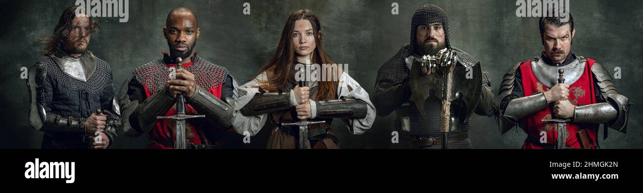 Collage with portraits of serious medieval warriors or knights with wounded faces holding swords isolated over dark vintage background. Eras Stock Photo