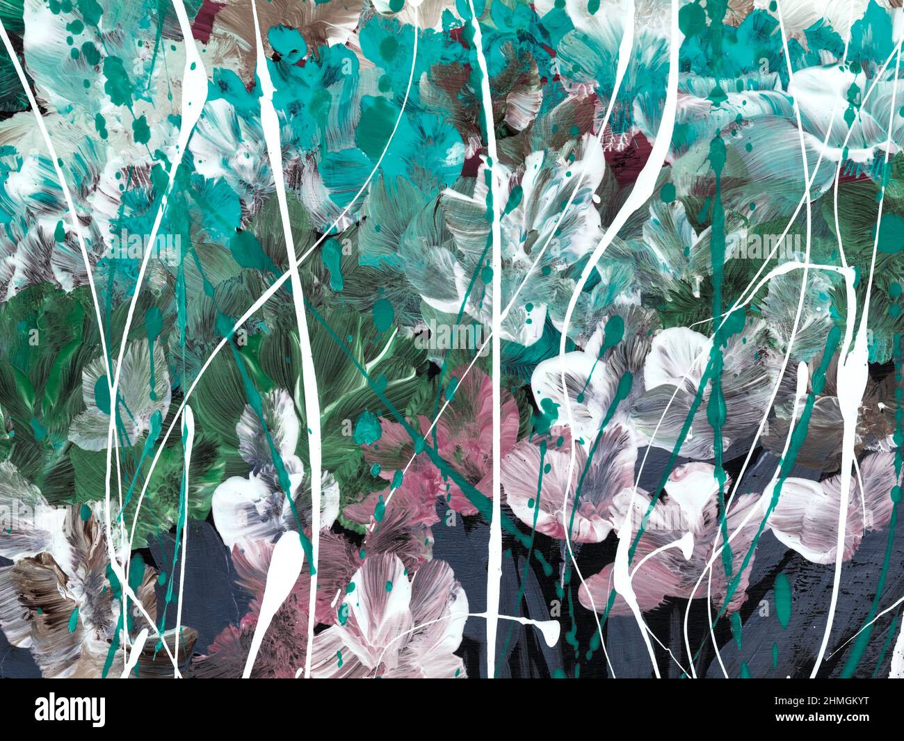 View of Blue and green creative abstract flowers hand painted texture, art ...