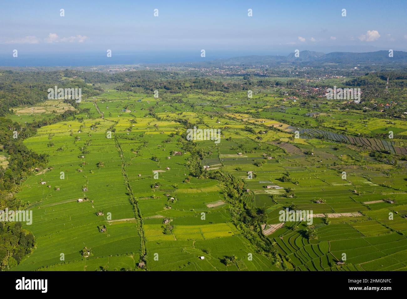 Aerial drone view of terraced rice paddies in the countryside near Amalapura in the Karangasem regency in northeast Bali in Indonesia Stock Photo