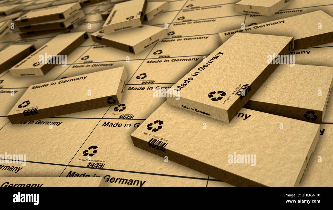 Made in Germany box production line. Manufacturing and delivery. Product factory, import and export. Abstract concept 3d rendering illustration. Stock Photo