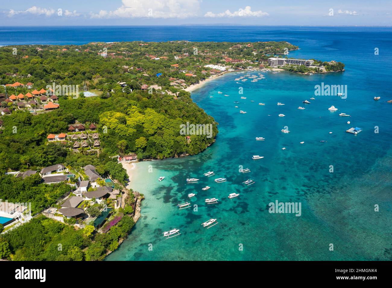 Aerial view of various villa and hotel along Nusa Lembongan coast line, a small island off Bali in Indonesia in Southeast Asia Stock Photo