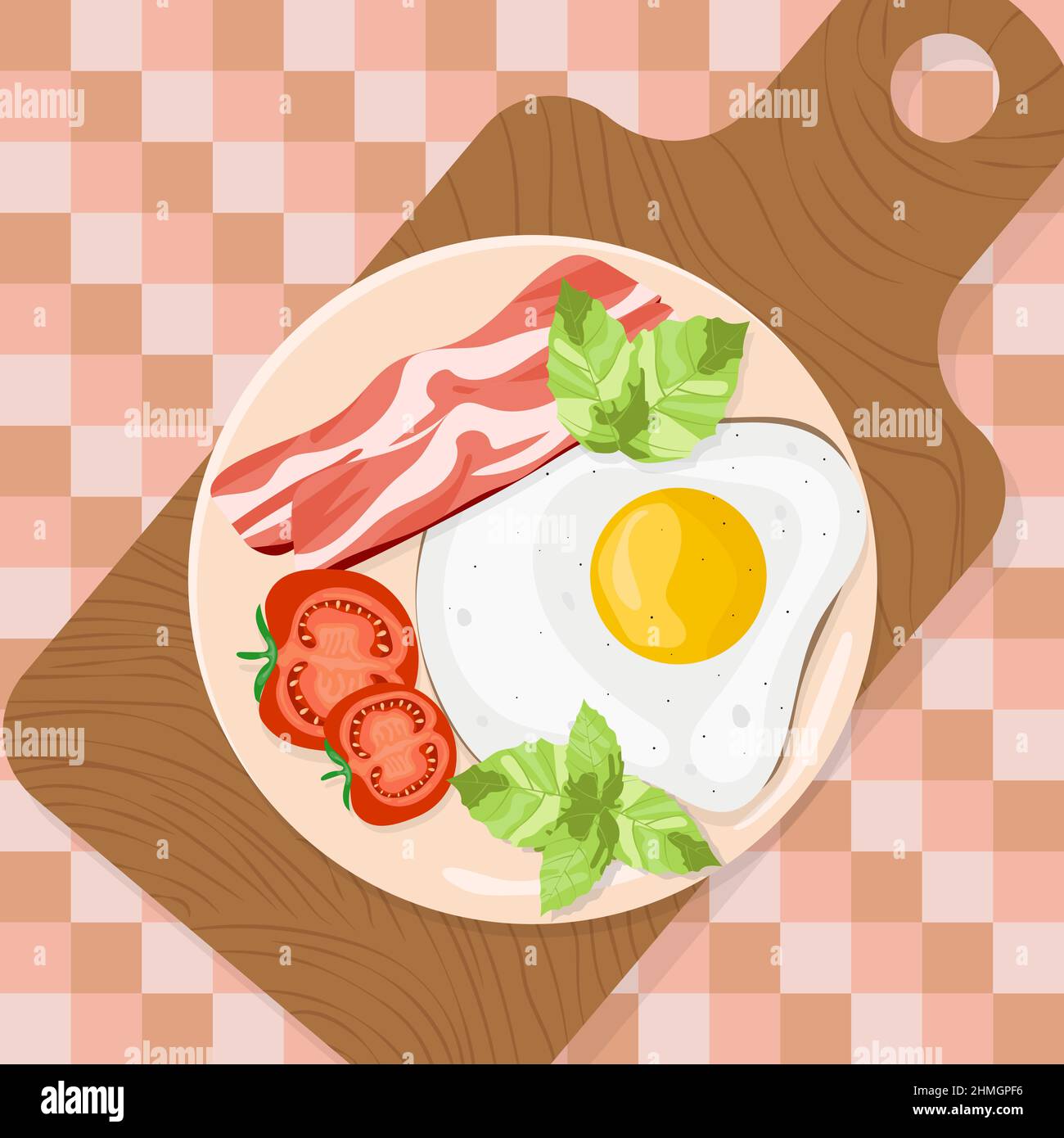 Fried eggs with bacon and tomatoes for breakfast. Stock Vector