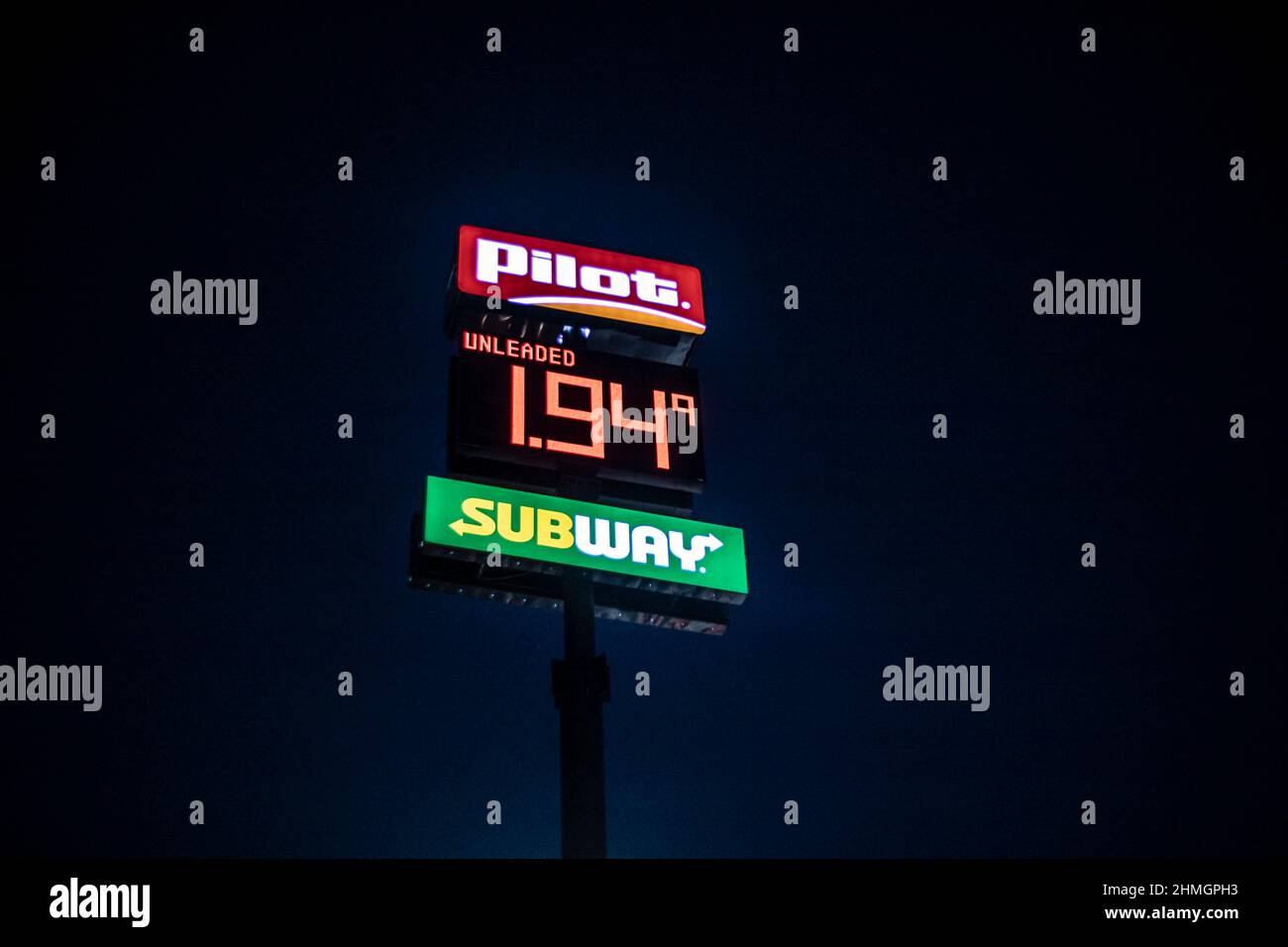 Augusta, Ga USA 12 22 20 Pilot gas price sign at night 1.94 gallon