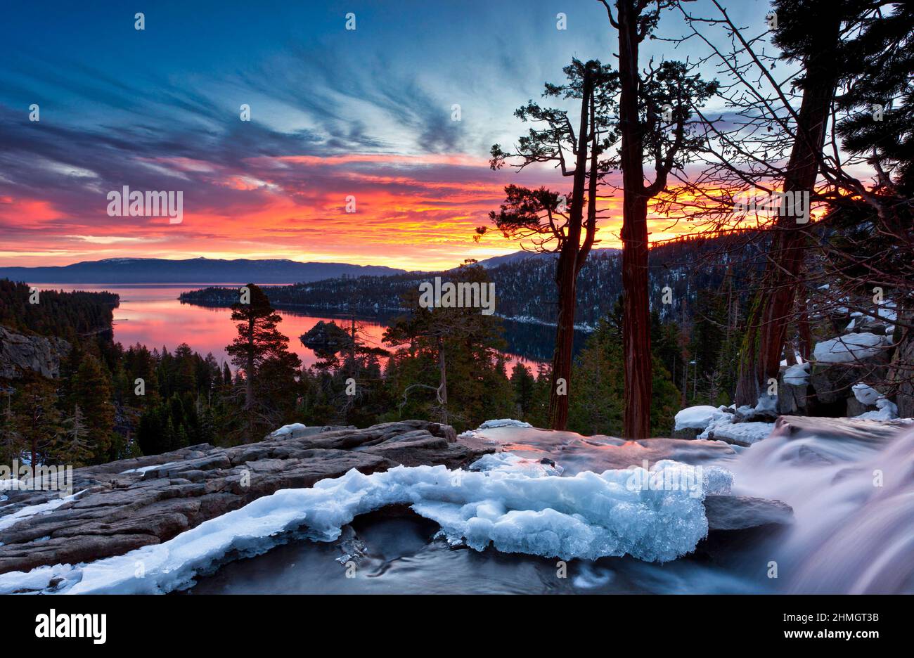 A sunset at Eagle Falls with some ices on winter Stock Photo