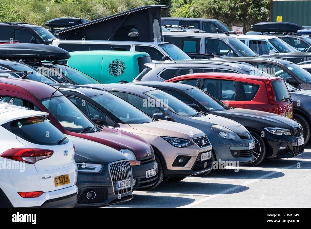 A completely full car park at Fistral in Newquay in Cornwall Stock