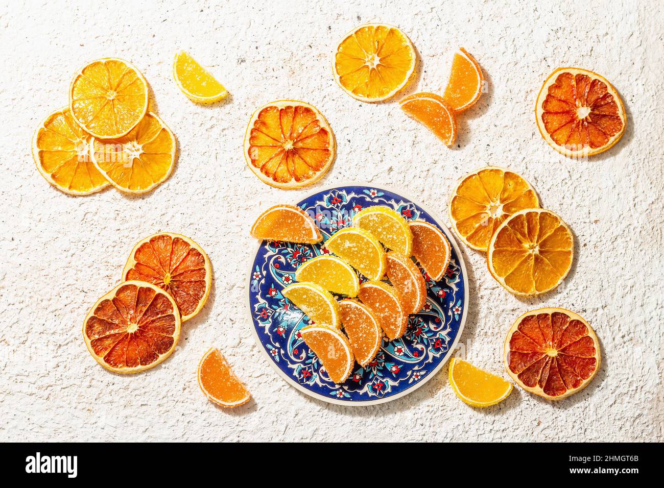 Lemon and orange marmalade jelly candies in the form of slices