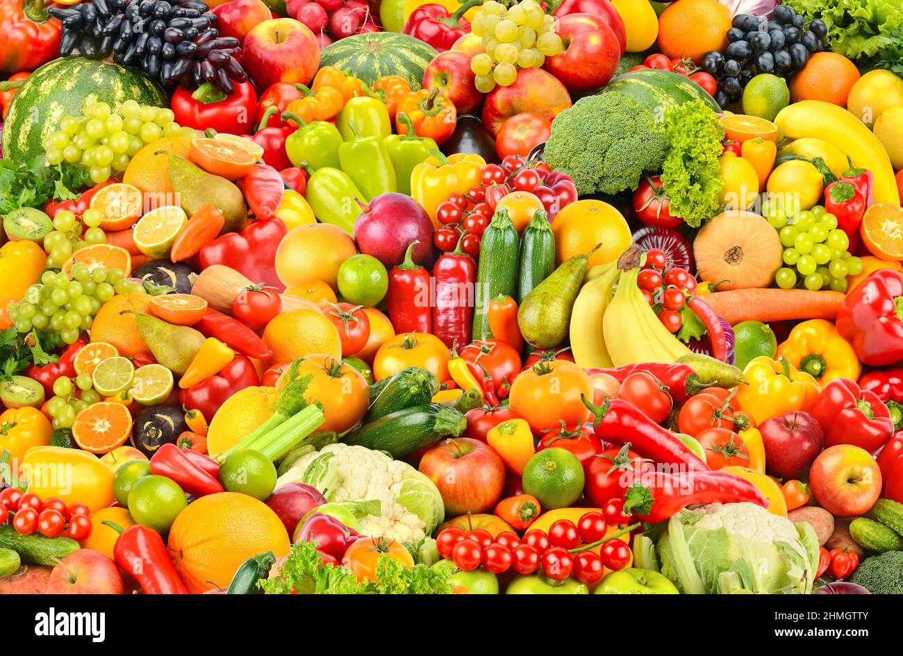 Large fruit pattern of fresh and healthy colorful vegetables and fruits. Stock Photo