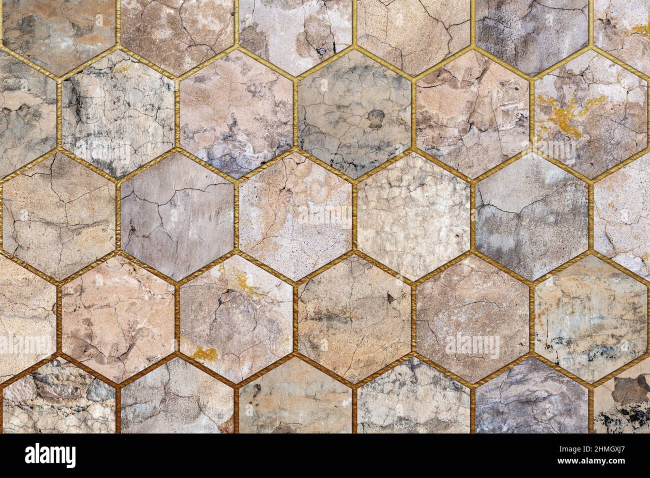 Old, faded and cracked wall collage with golden frames. Concrete, cement and golden wall pattern. Symmetric and hexagon abstract textured Background.  Stock Photo