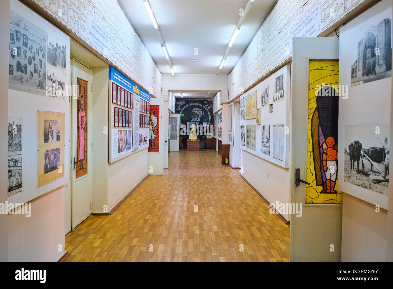 Main hallway, corridor of the museum, featuring the art stained glass painted gallery doors. At the Museum of Healthcare in Tashkent, Uzbekistan. Stock Photo