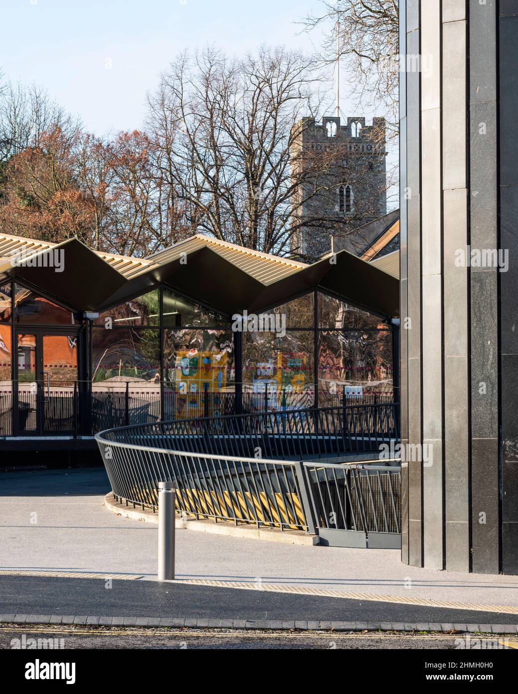Concertina roof detail with St Matthews Church in the background. New