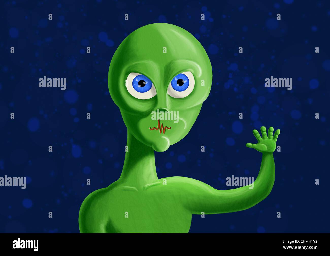 Green alien waving - funny colorful digital illustration Stock Photo ...