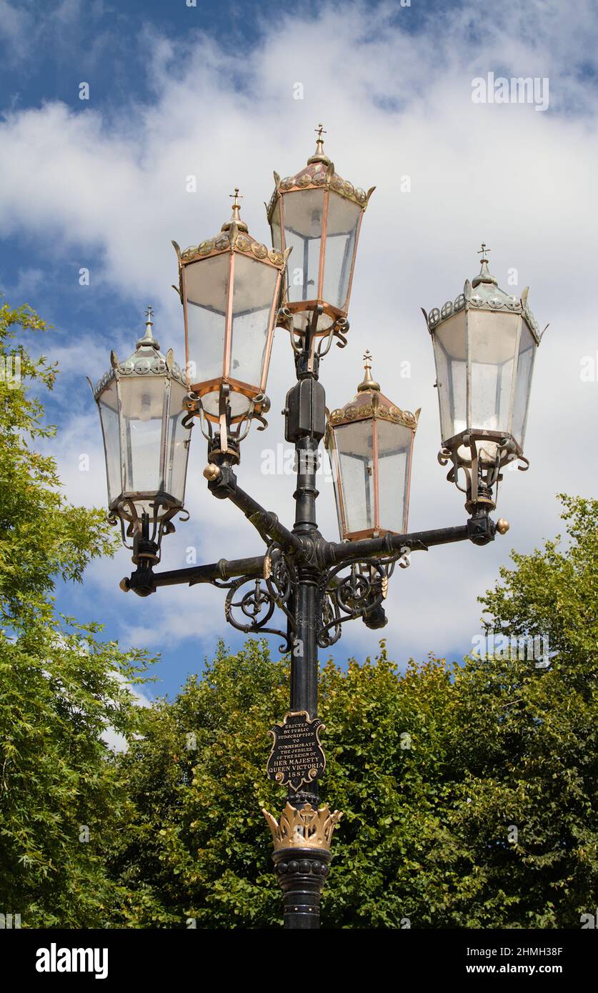 Copper And Cast Iron Renovated Electrified Victorian Gas Street Light Commemorating Queen Victorias Jubilee 1887, Ringwood UK Stock Photo