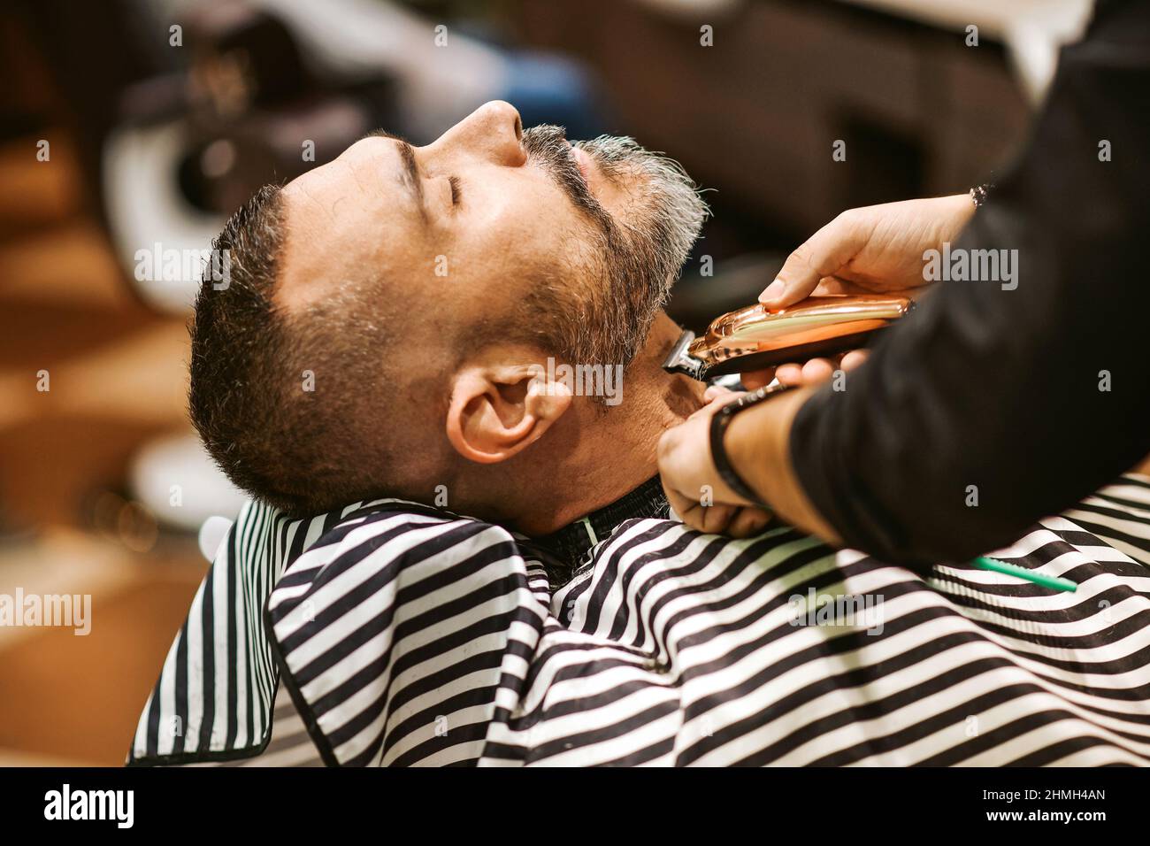 Barber trims the beard of the customer in his barber shop in a beauty and care concept Stock Photo