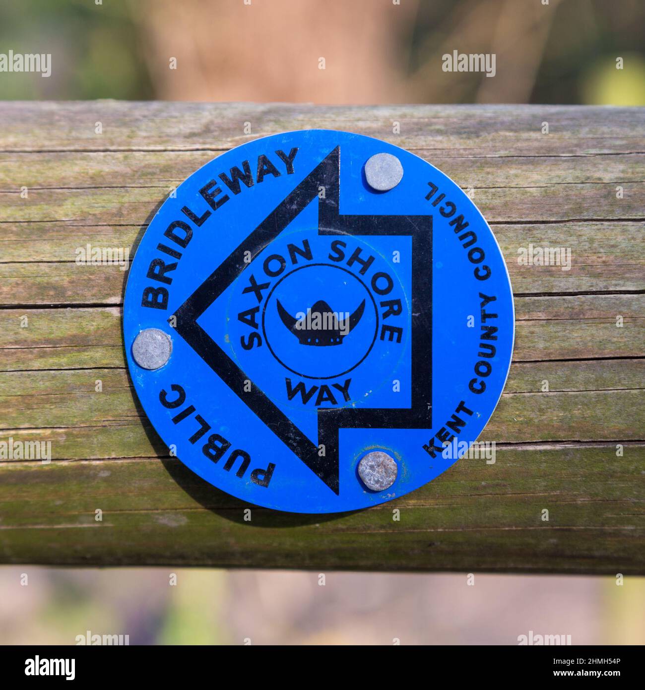 Blue Public Bridleway sign, Saxon shore way sign, hamstreet, kent, uk Stock Photo