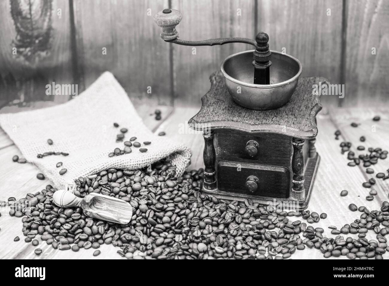 roasted Coffee beans and a vintage coffee grinder Stock Photo - Alamy
