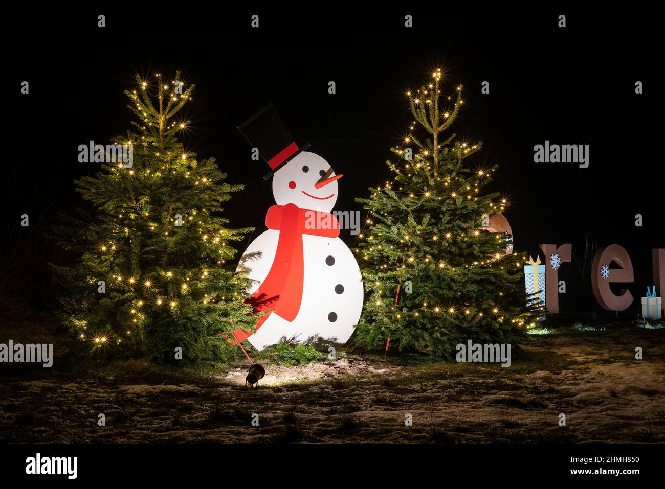 Germany, Mecklenburg-Western Pomerania, Prerow, illuminated snowman, Christmas trees Stock Photo