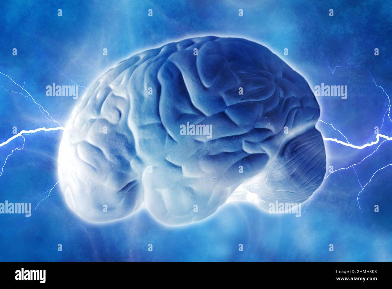 human brain and electric waves, concept for neuroscience and brain neurology Stock Photo
