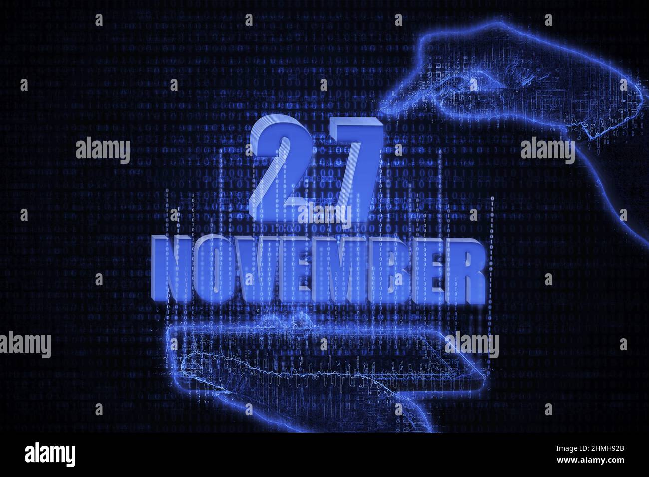November 27th. A hand holding a phone with a calendar date on a futuristic neon blue background. Day 27 of month. The concept of the metaverse. Autumn Stock Photo