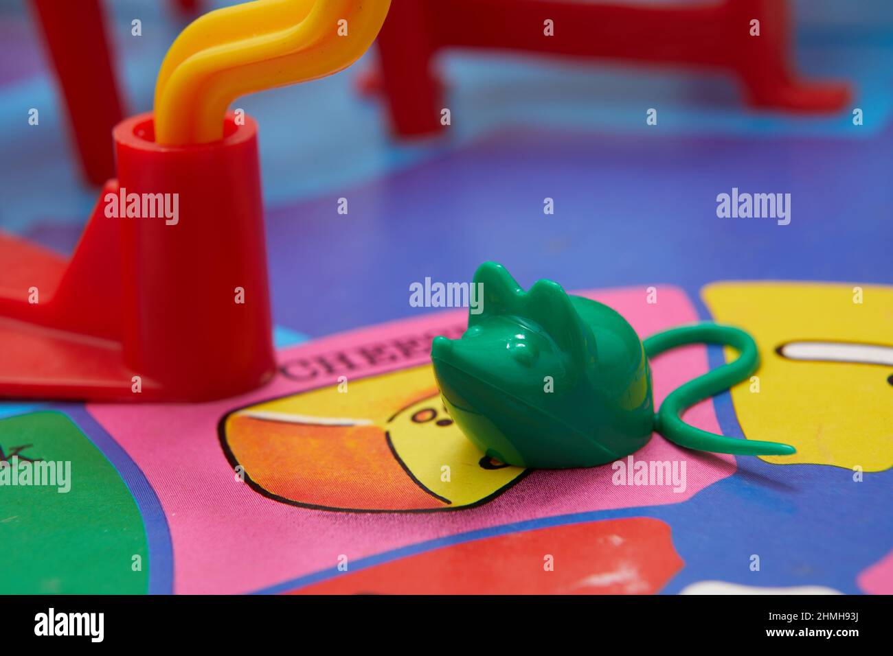 Close up photograph of playing pieces on a Mouse Trap board game. Stock Photo