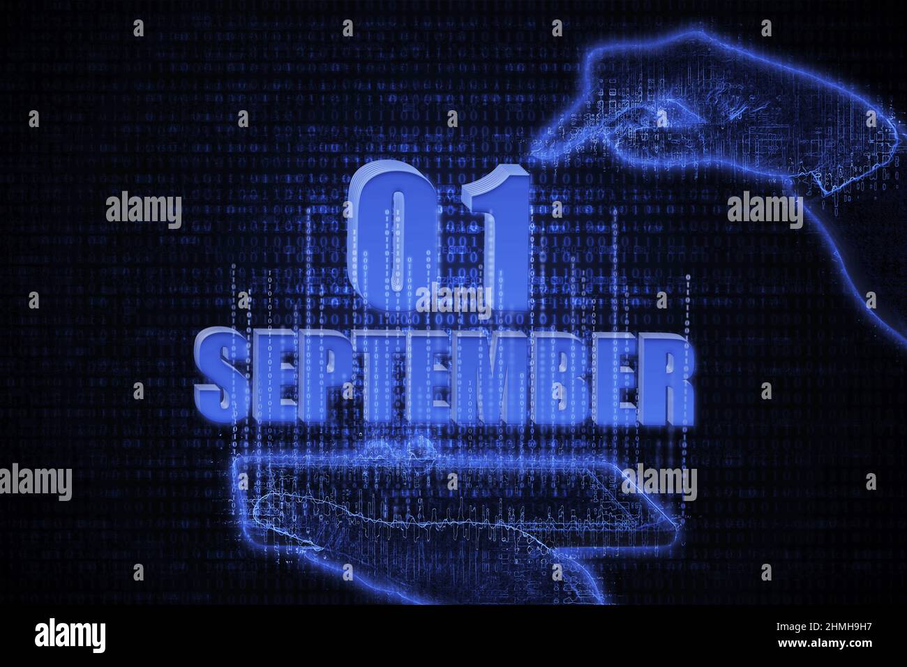 September 1st. A hand holding a phone with a calendar date on a futuristic neon blue background. Day 1 of month. The concept of the metaverse. Autumn Stock Photo