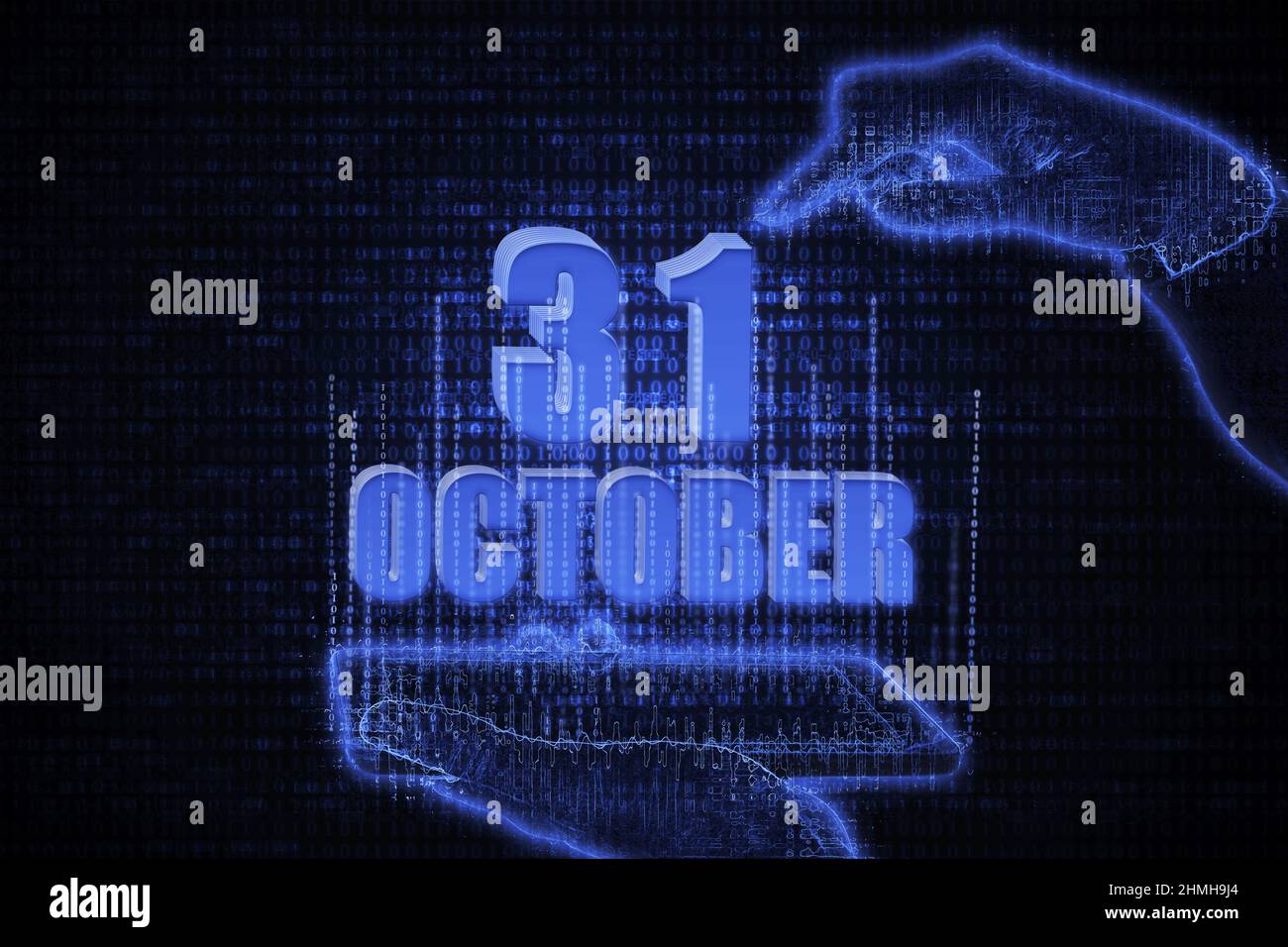 October 31st. A hand holding a phone with a calendar date on a futuristic neon blue background. Day 31 of month. The concept of the metaverse. Autumn Stock Photo