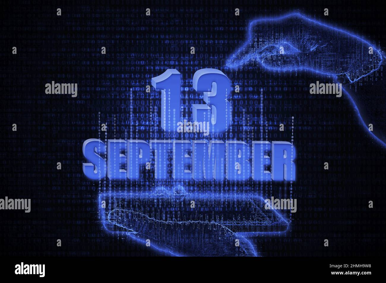September 13th. A hand holding a phone with a calendar date on a futuristic neon blue background. Day 13 of month. The concept of the metaverse. Autum Stock Photo