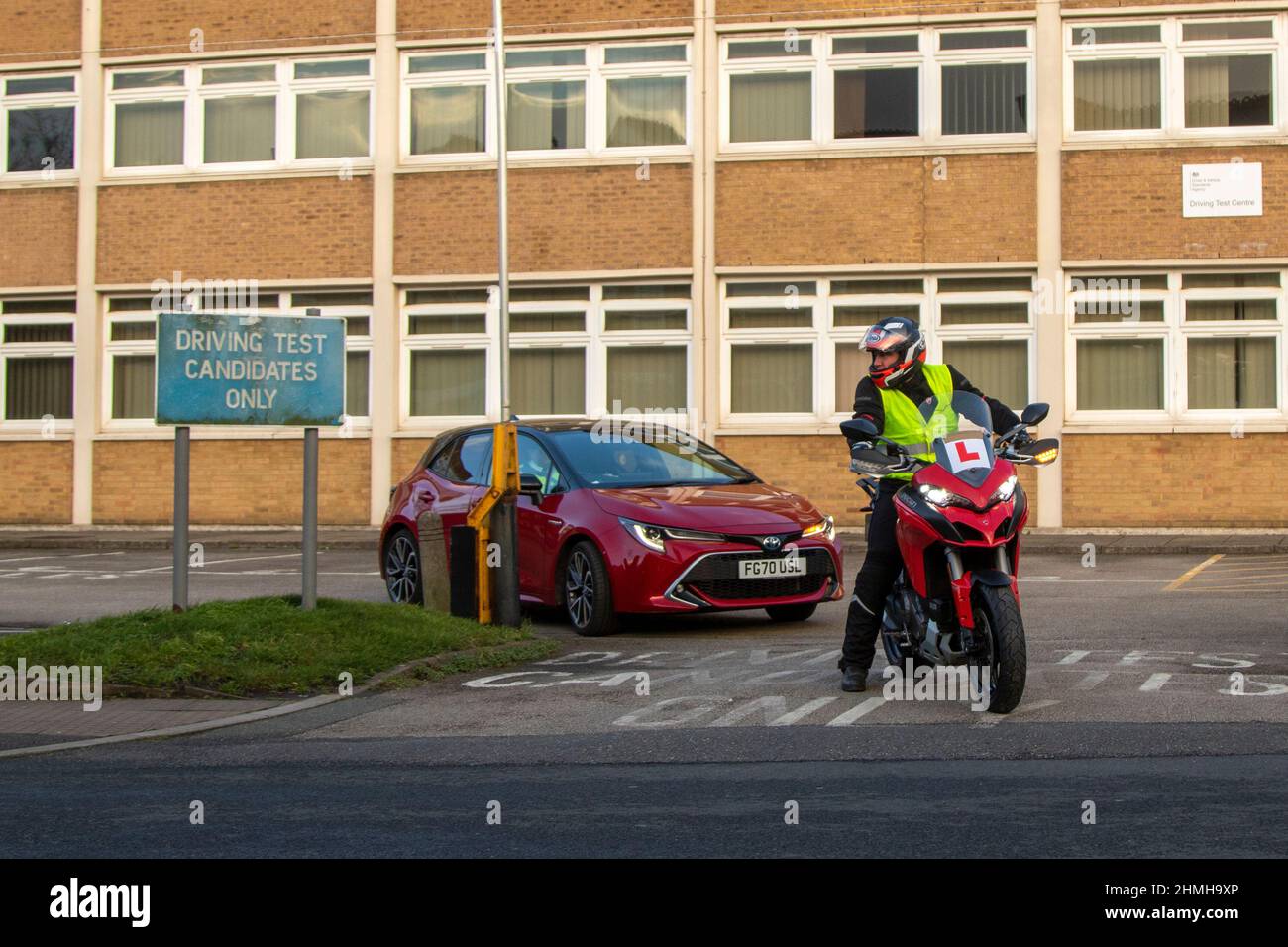 DVA Driving Test Candidates Only sign, 2018  Ducati Multistrada 1260 S learner driver taking their proficiency test in Southport, Merseyside, UK Stock Photo