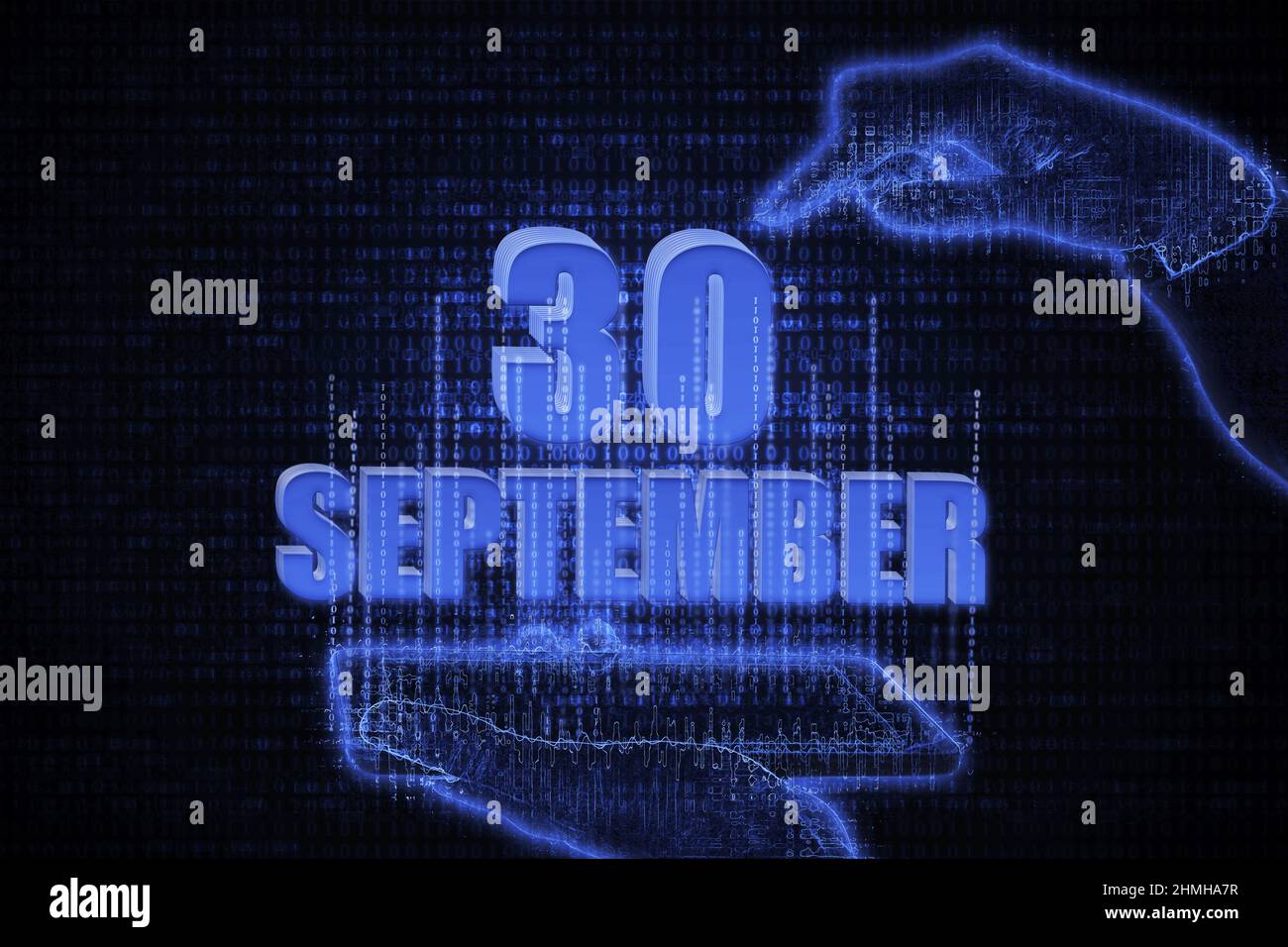 September 30th. A hand holding a phone with a calendar date on a