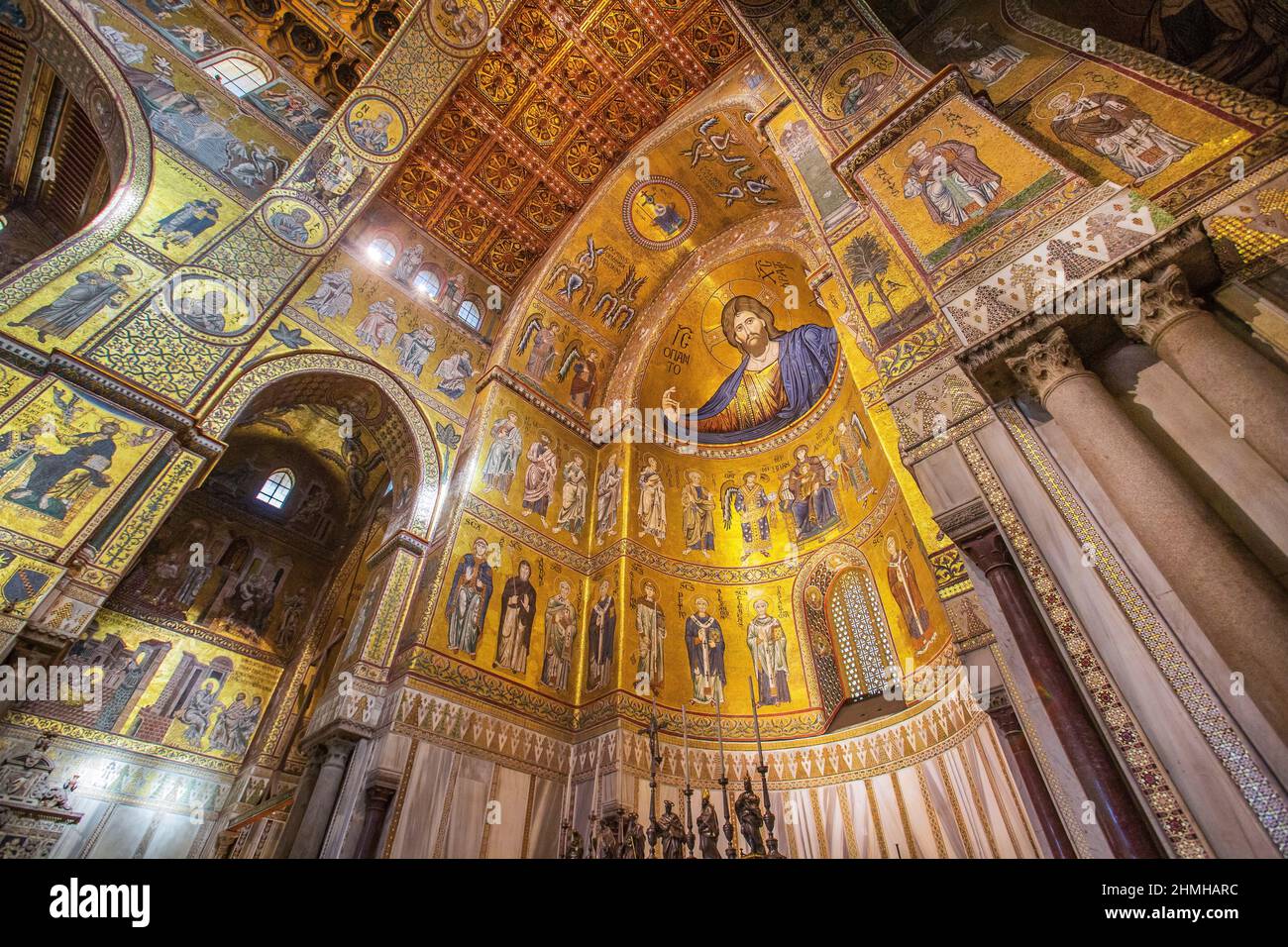 Interior of the cathedral with gold mosaics, Monreale, Sicily, Italy Stock Photo