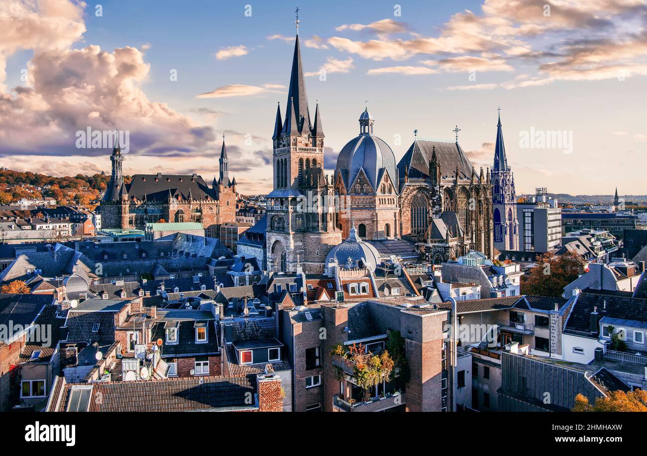 View over the old town roofs to the Gothic Town Hall and the Kaiserdom, Laachen, North Rhine-Westphalia, Germany Stock Photo