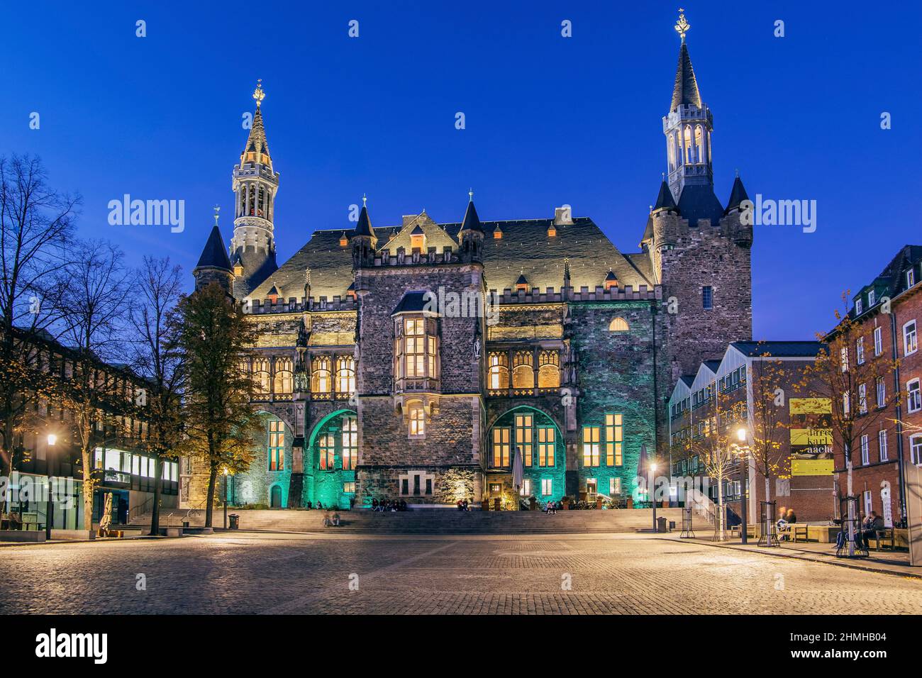 Katschhof with south view from the Gothic town hall at night, Aachen, North Rhine-Westphalia, Germany Stock Photo