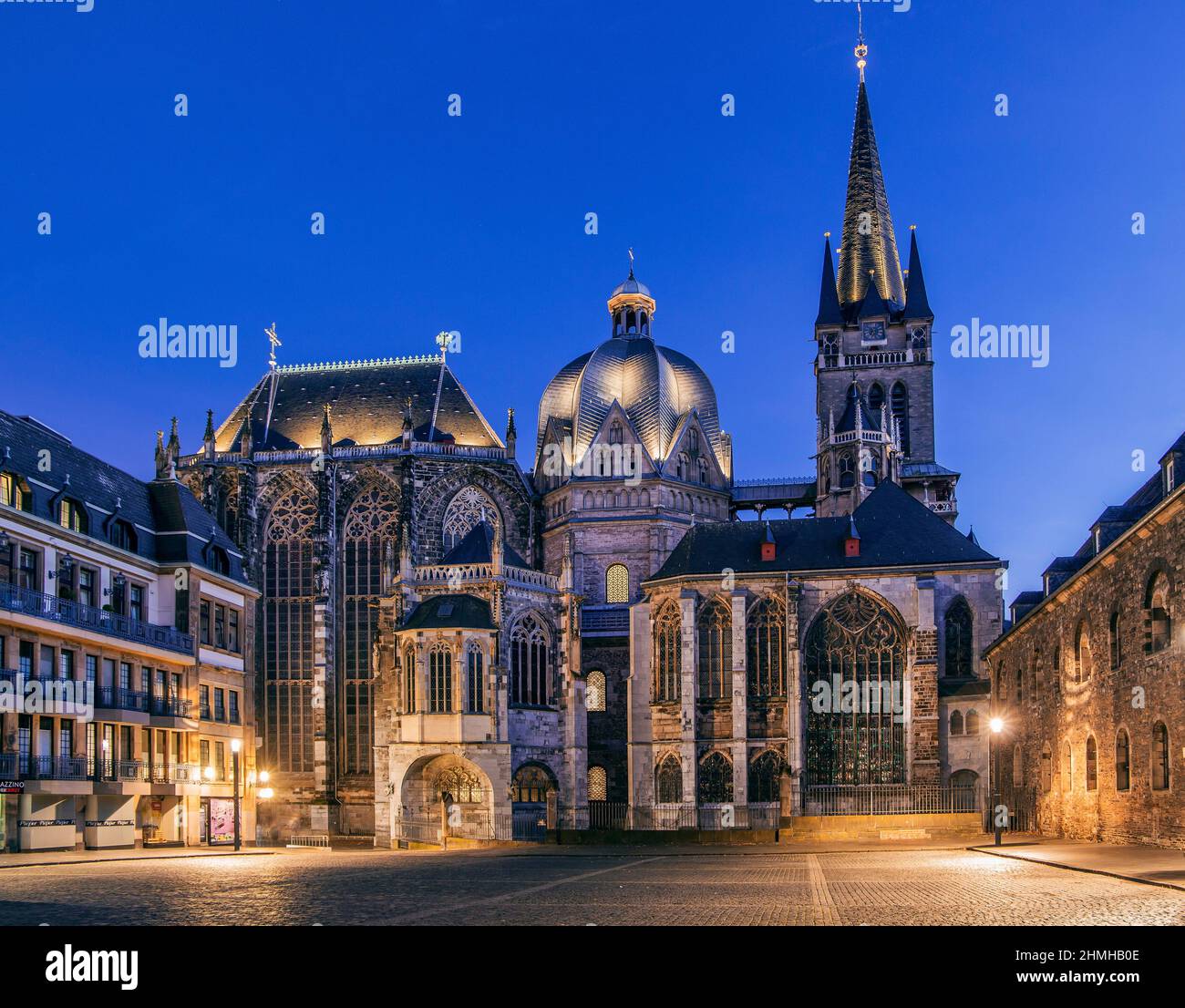 Katschhof with north view from the Kaiserdom at night, Aachen, North Rhine-Westphalia, Germany Stock Photo
