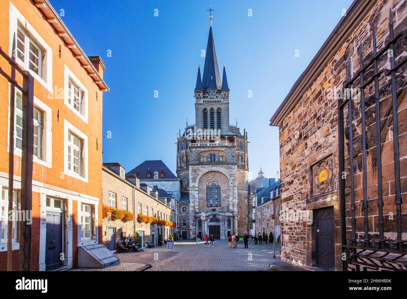 Domhof with westwork and tower of the Kaiserdom, Aachen, North Rhine-Westphalia, Germany Stock Photo