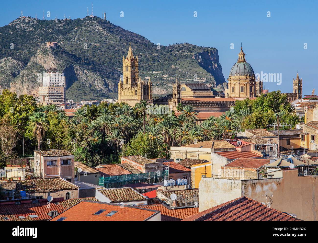 Cathedral in the old town against Monte Pellegrino, Palermo, Sicily, Italy Stock Photo