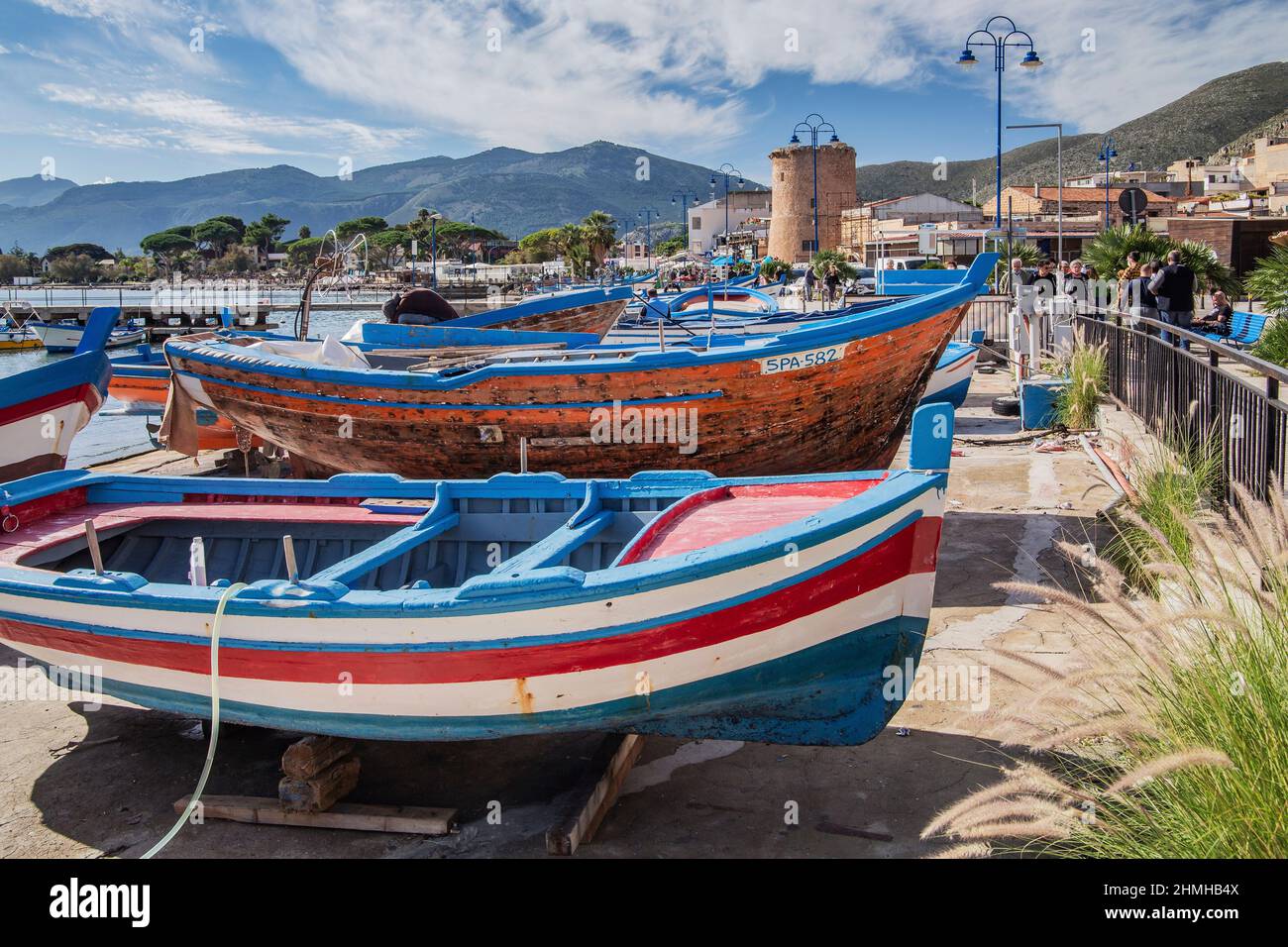 Fishing port with fishing boats in the seaside resort of Mondello, district of Palermo, Sicily, Italy Stock Photo