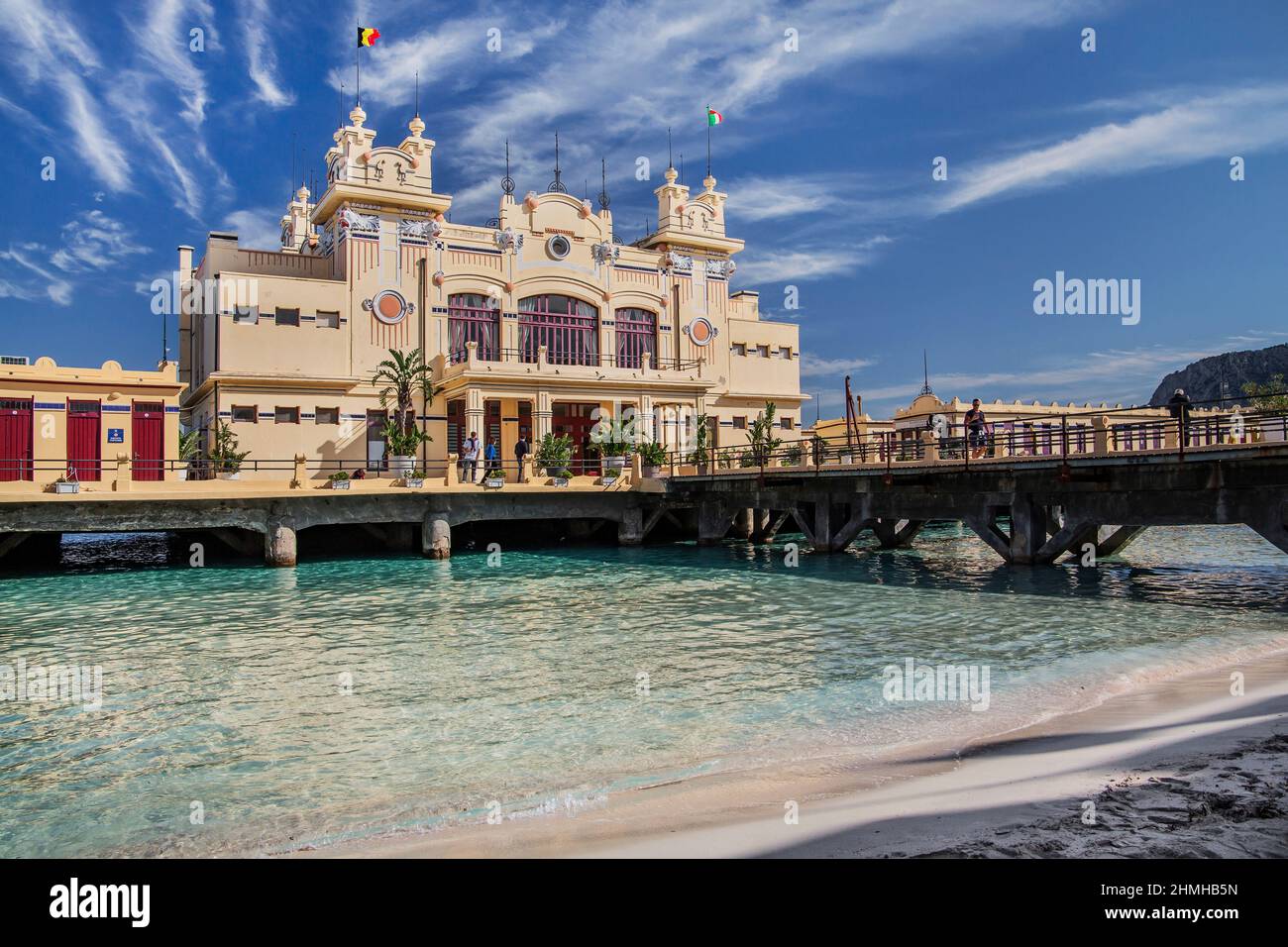 Pier with Kurhaus on the beach in the seaside resort Mondello, district of Palermo, Sicily, Italy Stock Photo