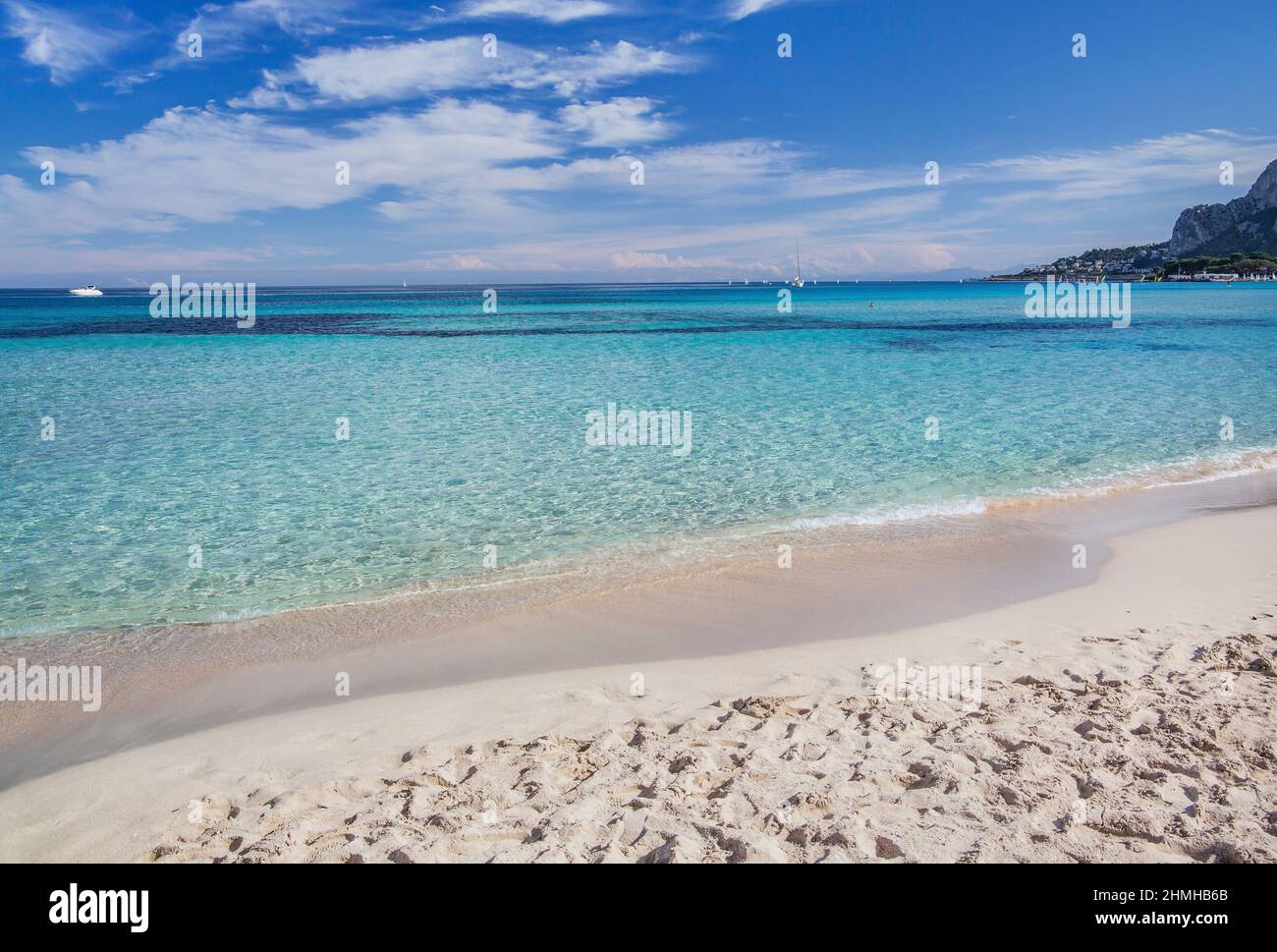 Bathing beach in the seaside resort of Mondello, district of Palermo, Sicily, Italy Stock Photo