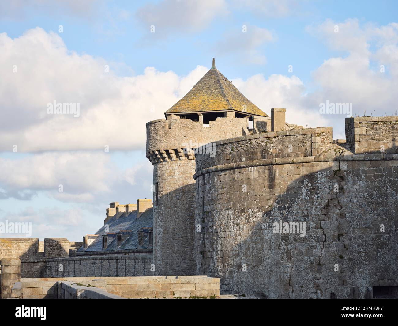 Defense tower in the fortress wall in Saint-Malo in the Ill-et-Vilaine department. The city's port is the most important on the north coast of Brittany. Stock Photo