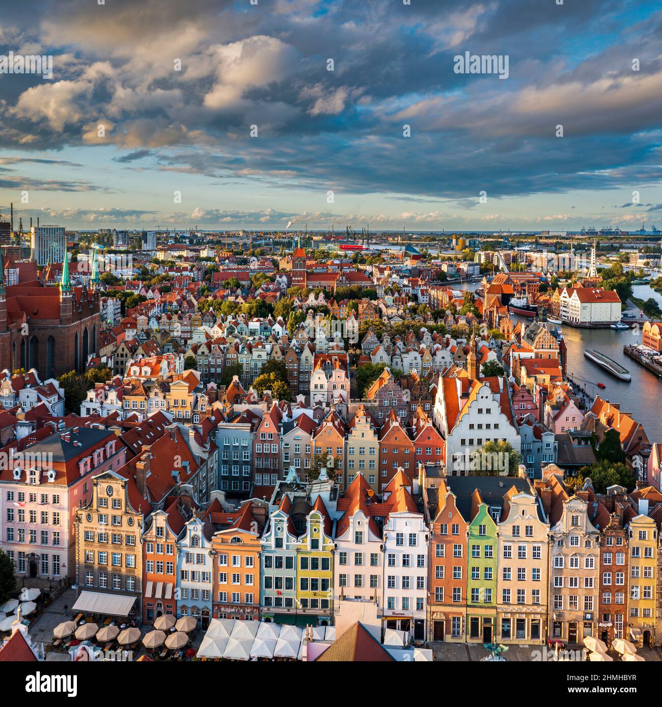 Aerial cityscape view on the old town with beautiful colorful buildings in Gdansk, Poland Stock Photo