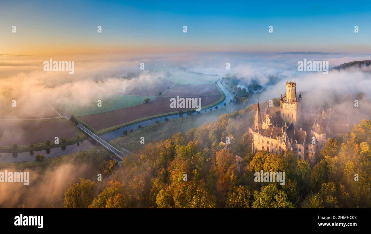 Aerial autumn panorama of the Marienburg castle near Hannover, Germany Stock Photo