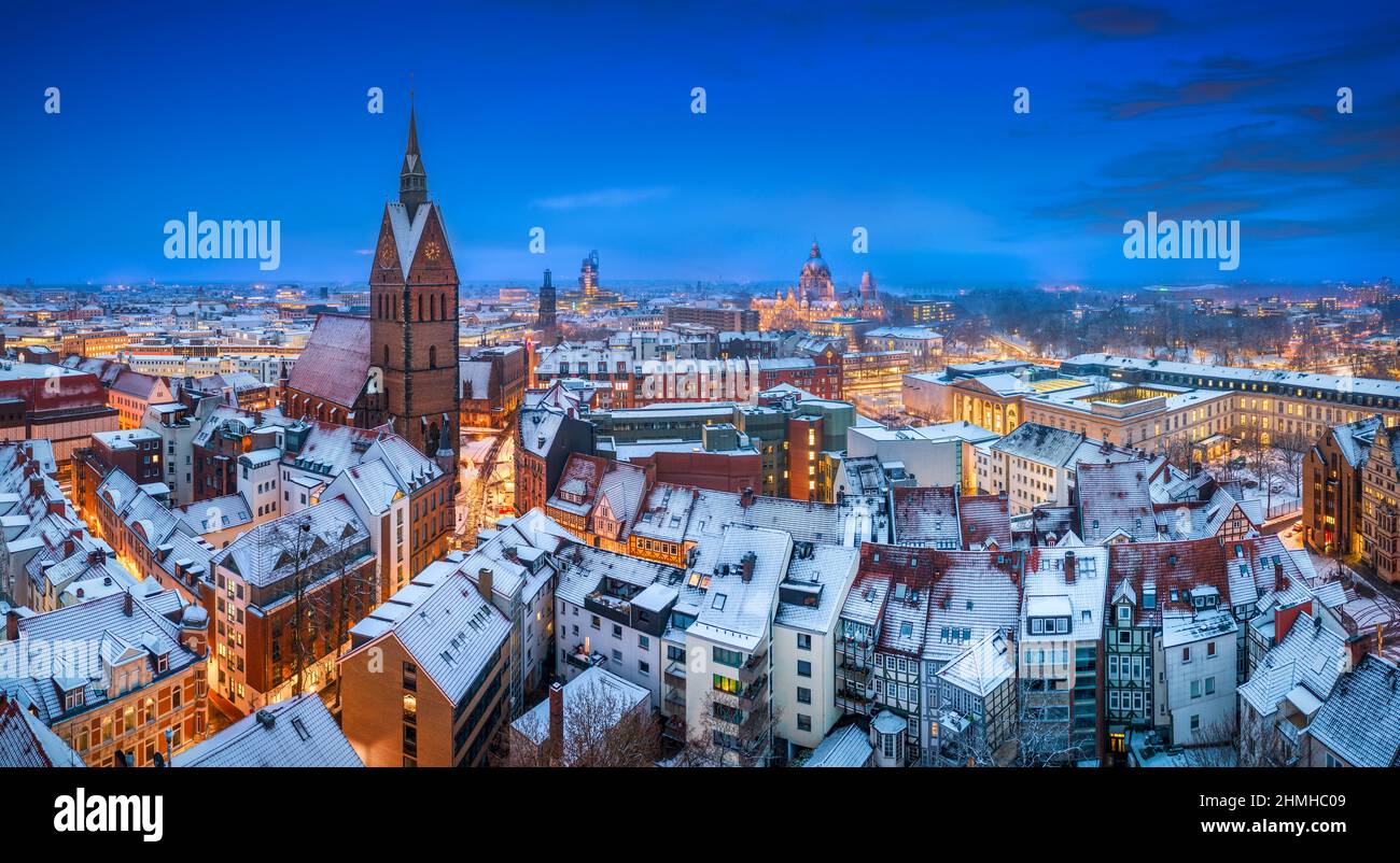 Winter skyline of Hannover, Germany with Marktkirche and the old town Stock Photo