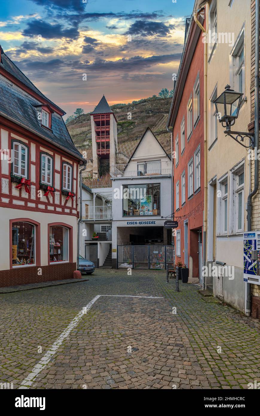 Bacharach, castle, castle hiking trail, castle path, Middle Rhine, Upper Middle Rhine Valley, post tower, city towers, Unesco, World Heritage, World Cultural Heritage, winter, [M], Stock Photo