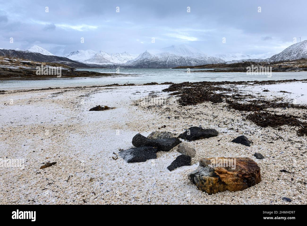 View of the northern sea and the beach at Sommaroy island in Norway Stock Photo