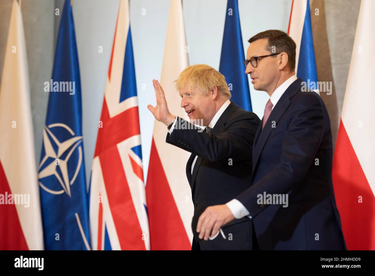 Warsaw, Warsaw, Poland. 10th Feb, 2022. Polish Prime Minister MATEUSZ MORAWIECKI (R) welcomes the Prime Minister of Britain BORIS JOHNSON (L) at the chancellery of the PM ahead of talks on February 10, 2022 in Warsaw, Poland. The British Prime Minister Borish Johnson met Polish Prime Minister Mateusz Morawiecki to discuss about security in eastern Europe and Russian military build up on the border with Ukraine. Credit: ZUMA Press, Inc./Alamy Live News Stock Photo