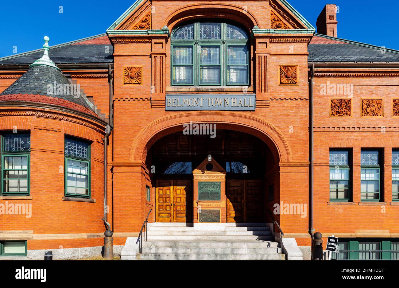 Belmont, Massachusetts, USA Februrary 9, 2022 Town Hall building in