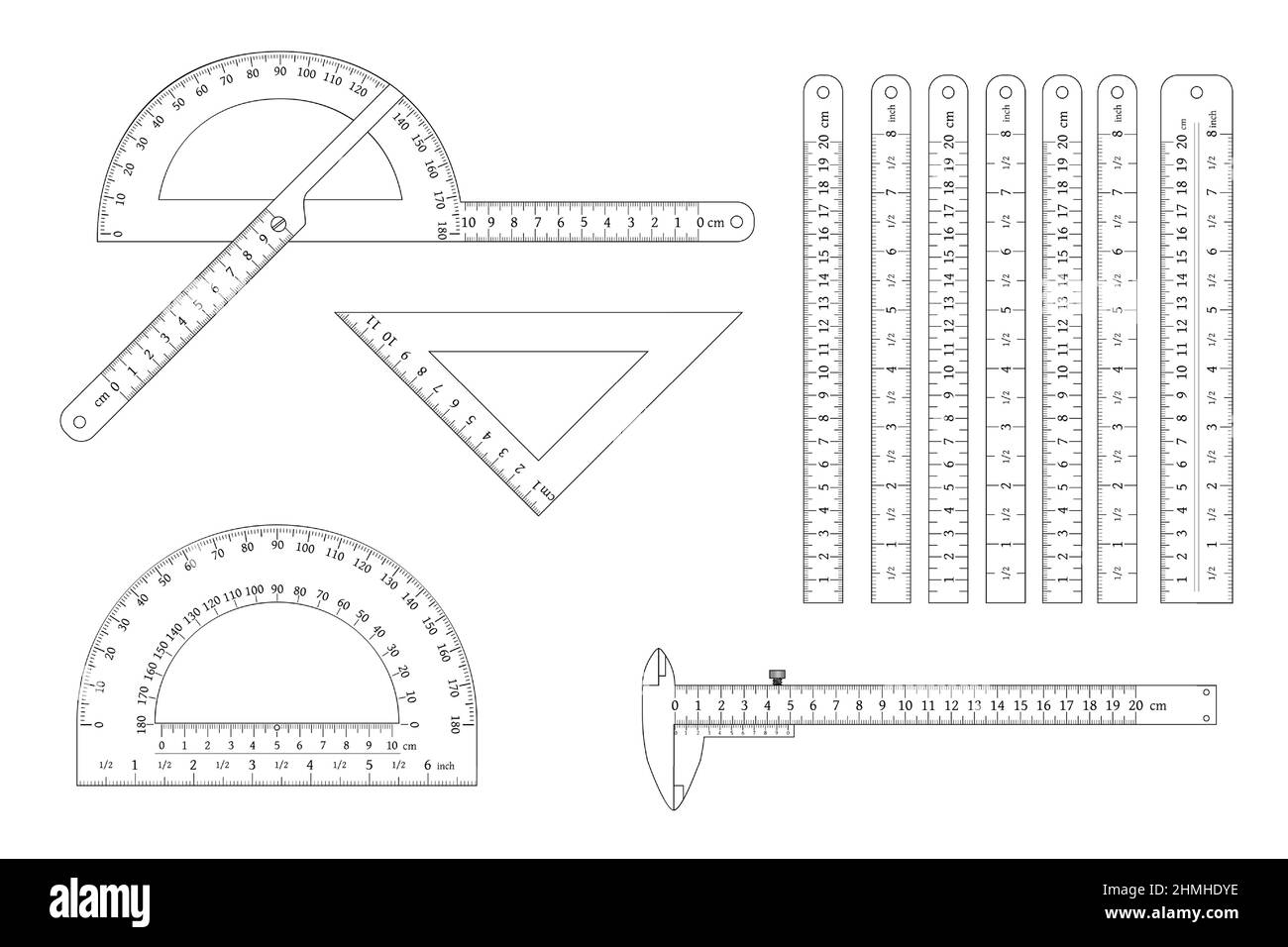protractor, ruler straight and angular, vernier caliper outline set