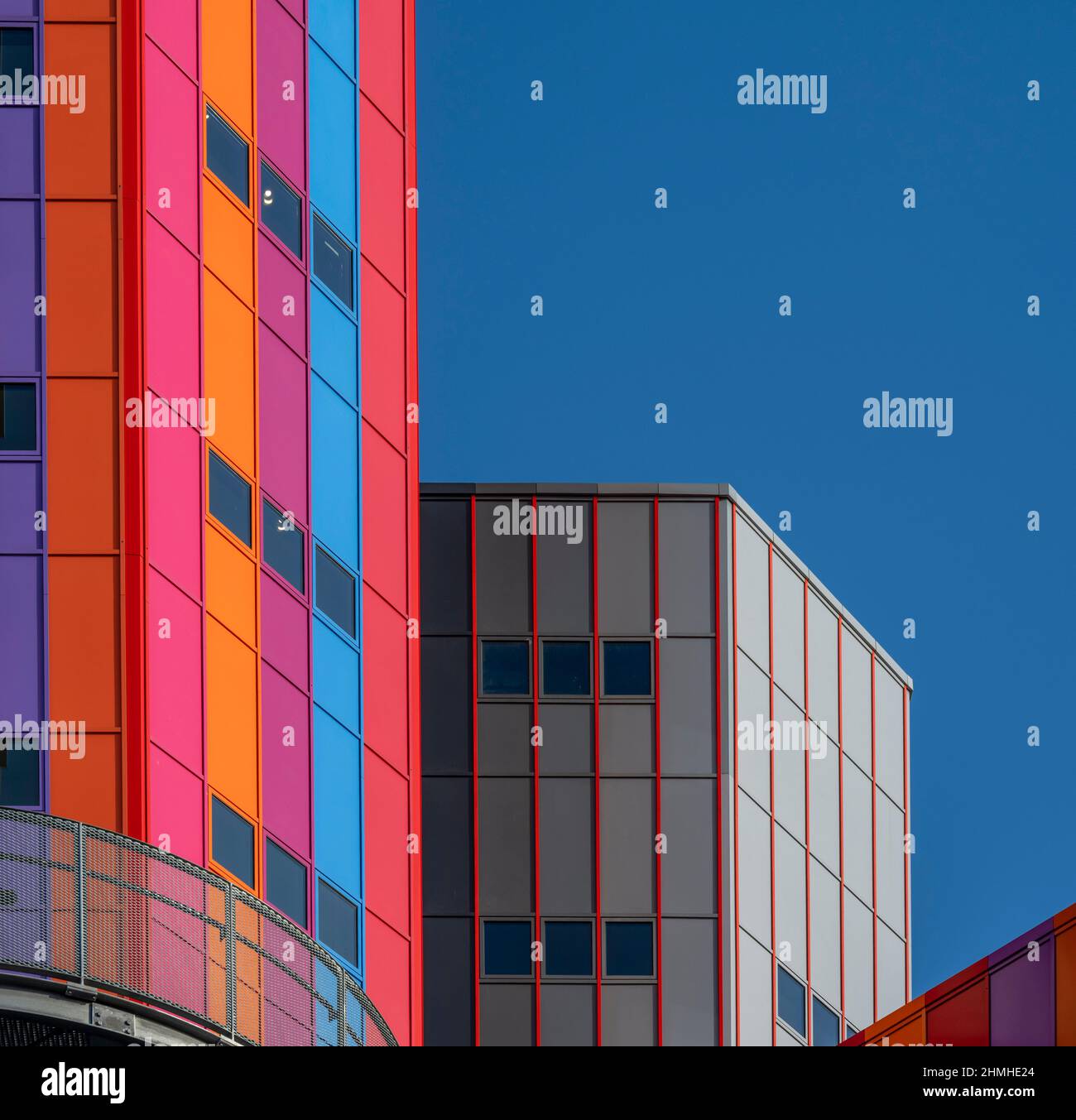 colorful buildings, University of Duisburg Essen, Campus Essen, blue sky Stock Photo