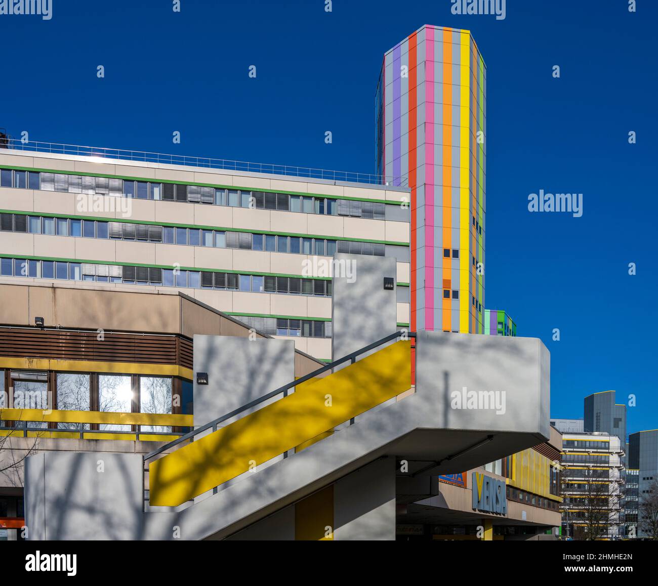 colorful buildings, University of Duisburg Essen, Campus Essen, blue sky Stock Photo