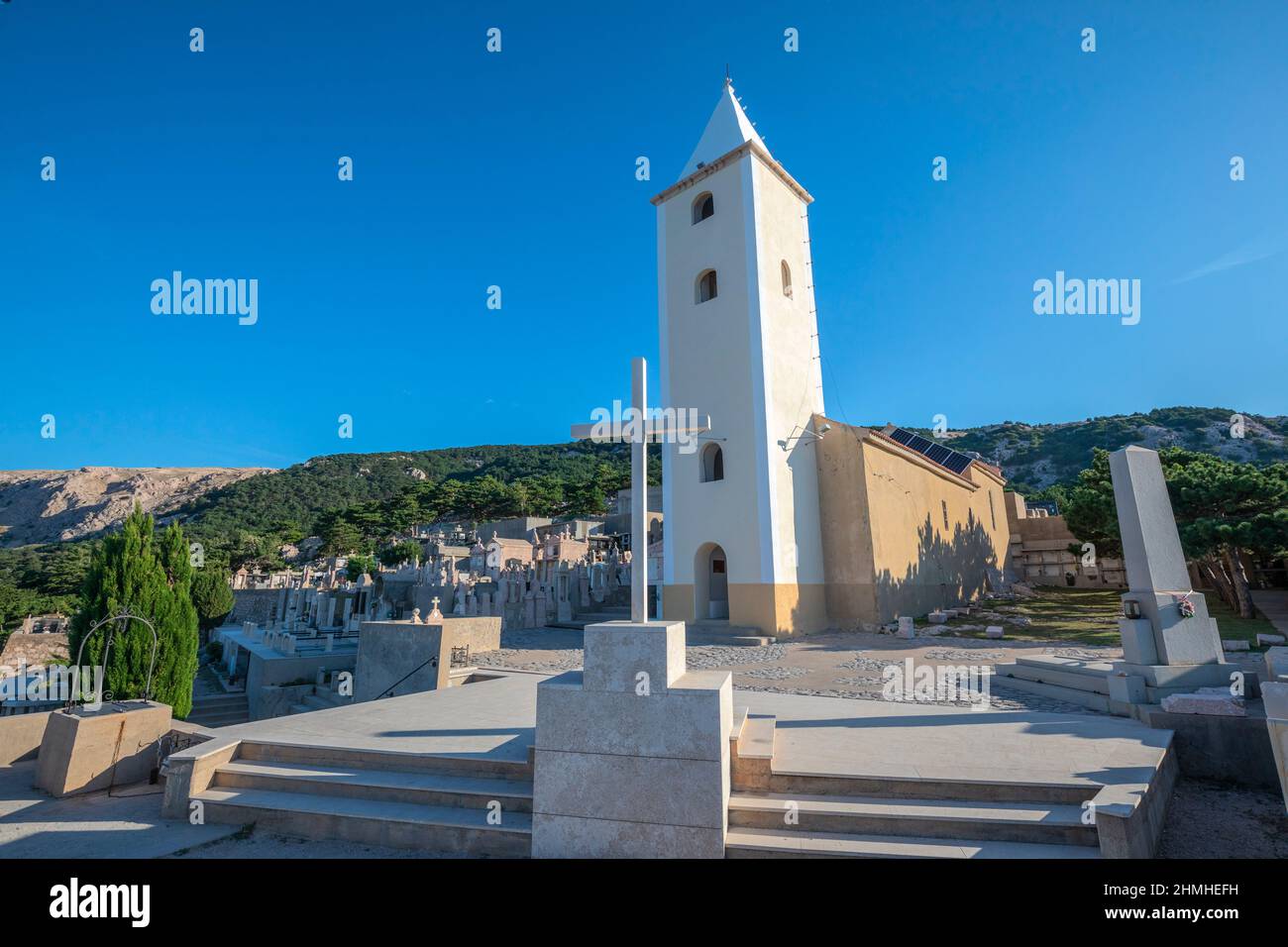 Baska, church Sveti Ivan (church of St. Ivan) after reconstruction of the bell tower year 2019, Krk island, Kvarner bay, Adriatic coast, Croatia Stock Photo