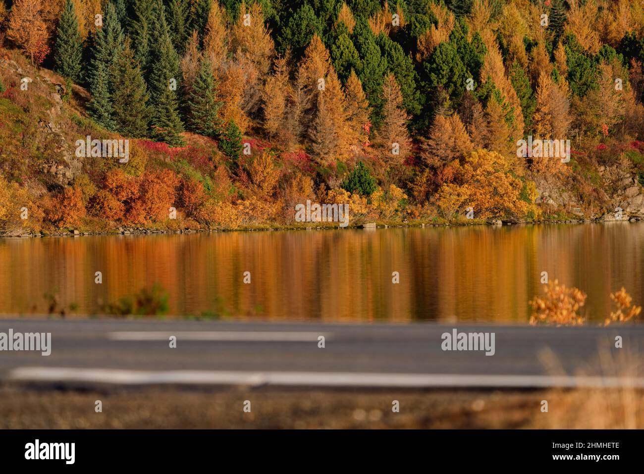 Autumn near the lake with blurred road in the foreground Stock Photo